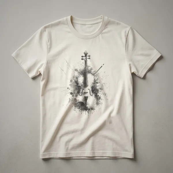 Black graphic t-shirt with a distressed sketch of a violin and bow in shades of dark grey and black, with abstract paint splatters.