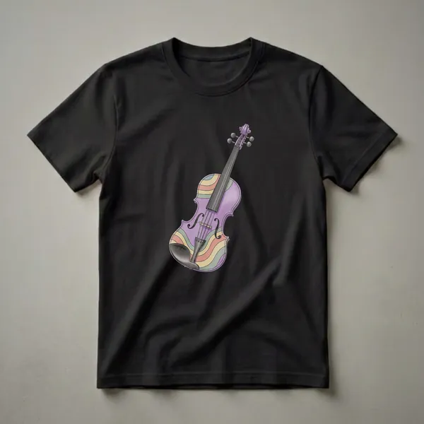A purple t-shirt featuring a retro drawing of a violin with colorful wavy stripes in yellow, green, red, and blue.