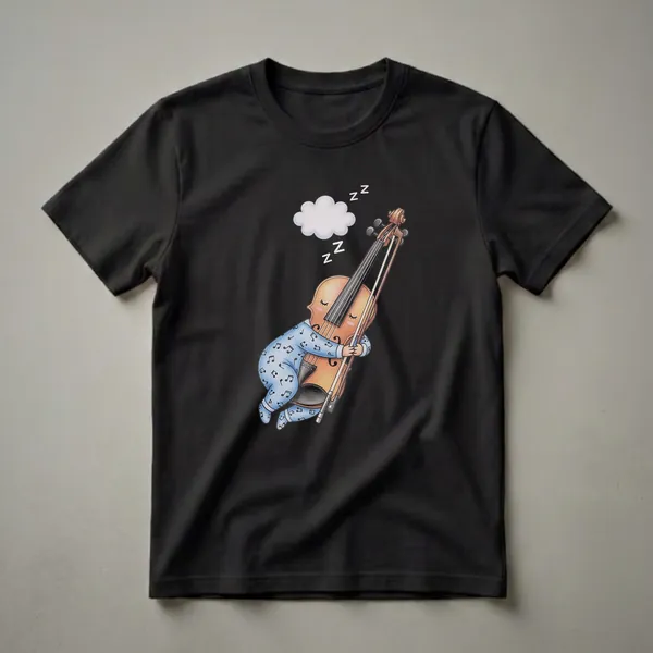 A white graphic t-shirt featuring a whimsical illustration of a violin wearing blue pajamas with musical notes, sleeping with its bow, under a cloud with 'Zzz' symbols.