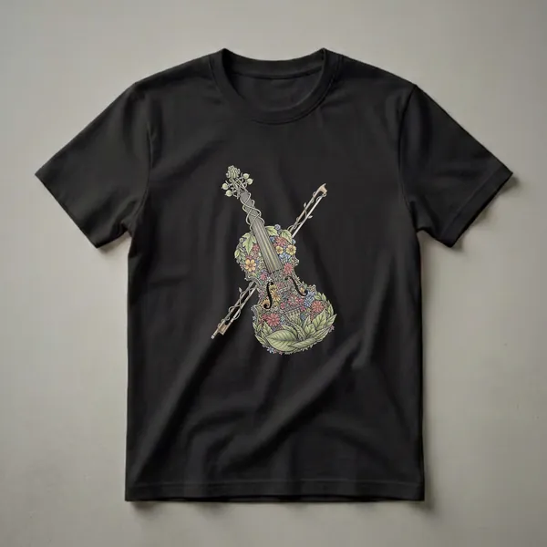 A white t-shirt featuring a watercolor illustration of a violin and bow composed of colorful flowers and green leaves, with vines wrapping around the instrument.