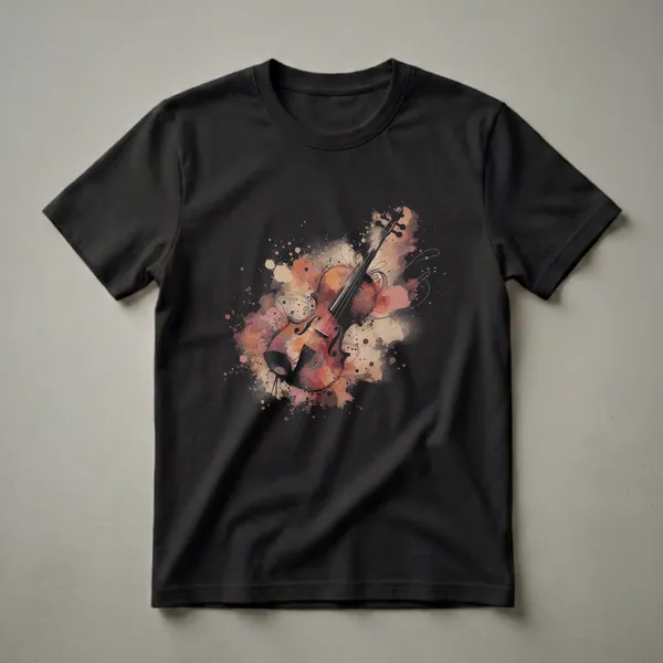 Abstract violin drawing art t-shirt featuring a violin rendered in white lines against a background of watercolor splashes and ink splatters in shades of brown, rust, and cream.