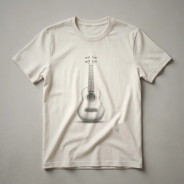 Black t-shirt with a white line art sketch of a ukulele, showing the headstock, fretboard, soundhole, and body.