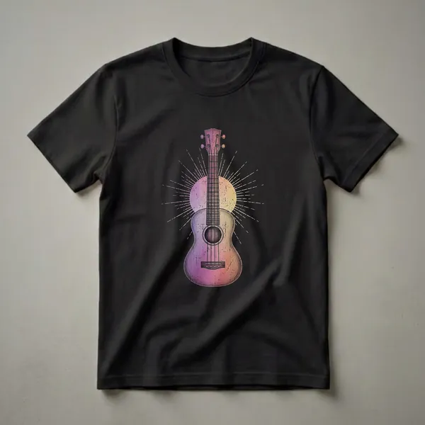A black t-shirt featuring a vintage-style drawing of a ukulele with a radiating sunburst background in shades of purple, pink, and yellow.
