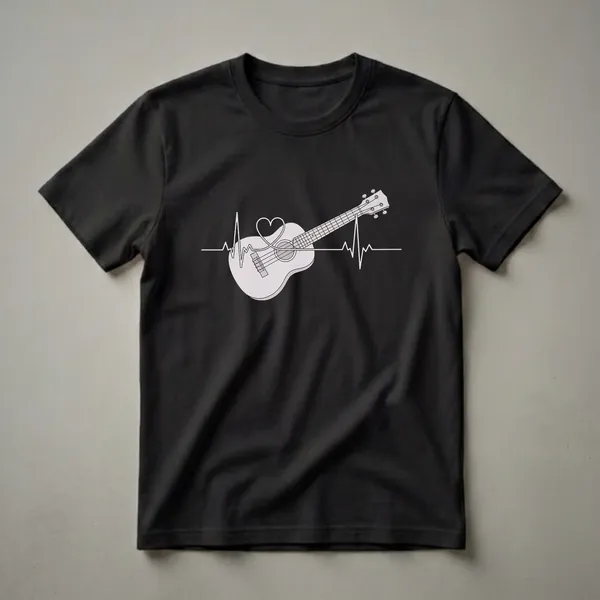 Light grey t-shirt with a black and white line art design of a ukulele integrated with a heartbeat EKG line and a heart shape.