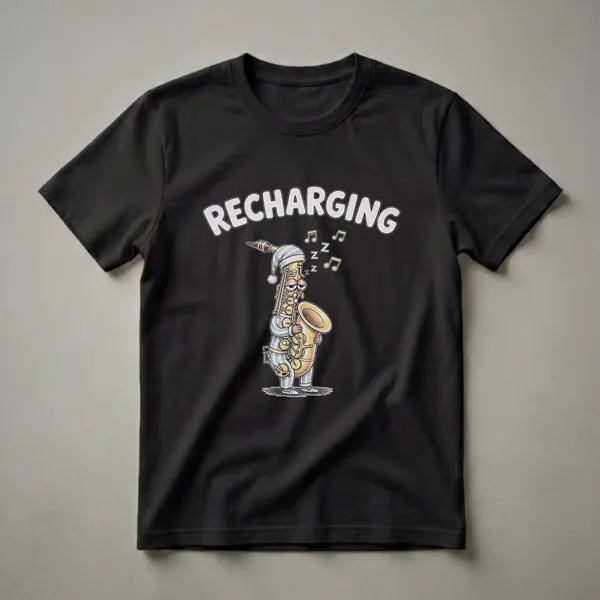 Black t-shirt featuring a cartoon saxophone character wearing striped pajamas and a sleeping cap, with the word 'RECHARGING' above and 'Zzz' symbols floating around.