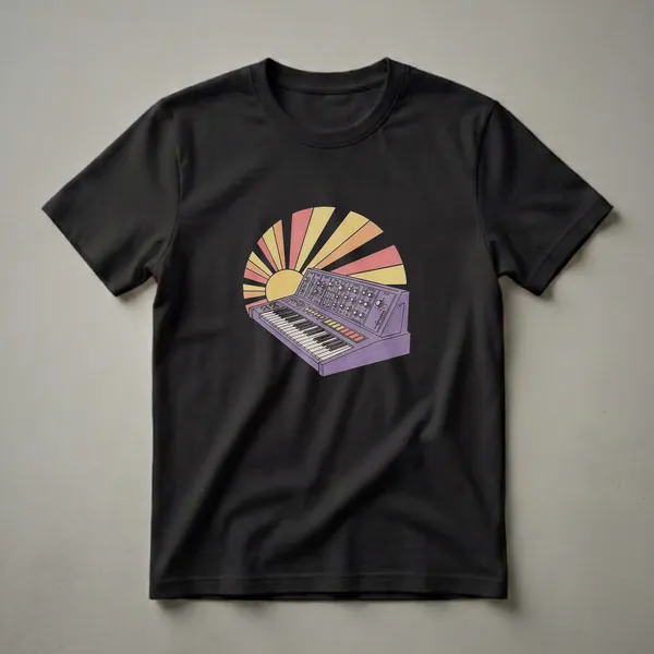 Purple retro analog synthesizer with a yellow, orange, and red sunburst graphic on a black background, rendered in a crayon drawing style.