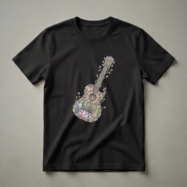 Black t-shirt featuring a detailed illustration of a ukulele covered in colorful flowers, leaves, and vines, with a sunflower design for the soundhole.