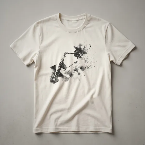 Black and white artistic sketch of a saxophone with abstract paint splatters, on a black t-shirt.