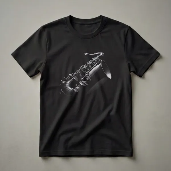 Black t-shirt with a white stipple art drawing of a vintage saxophone, showing the keys, bell, and mouthpiece.