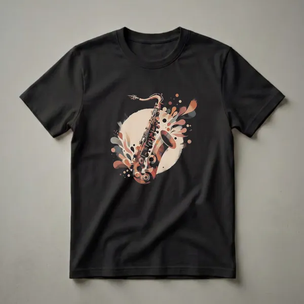 Black t-shirt with an abstract illustration of a saxophone in warm tones, surrounded by colorful, splash-like shapes and circles.