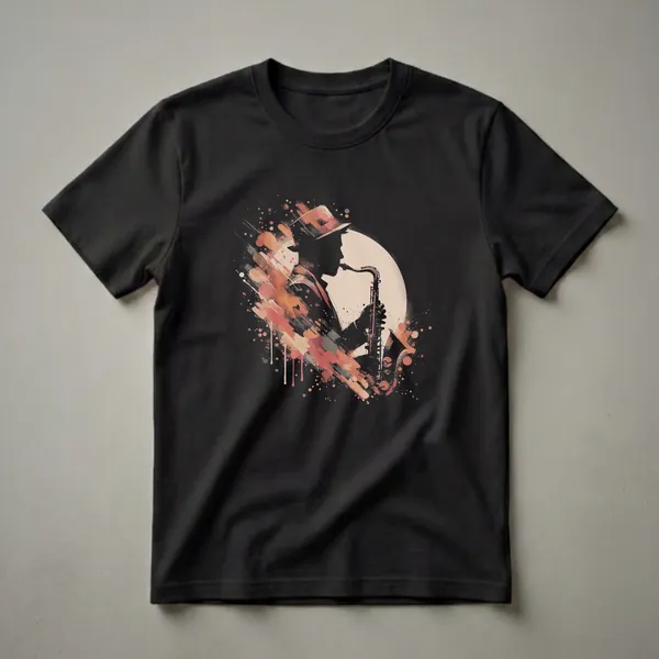 Black t-shirt with an abstract graphic design of a saxophonist playing a saxophone, featuring paint strokes and splatters in shades of orange, red, and beige.