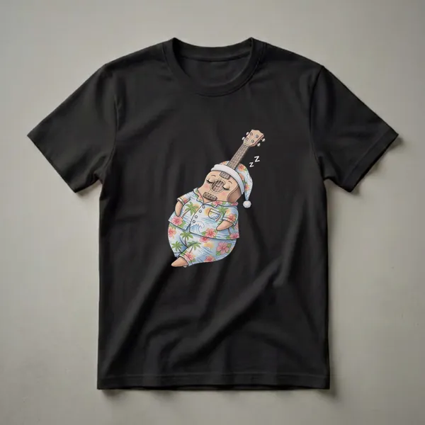 A light-colored t-shirt featuring a whimsical drawing of a ukulele character wearing blue Hawaiian pajamas and a sleep cap, with a tropical beach scene and 'Zzz' symbols.