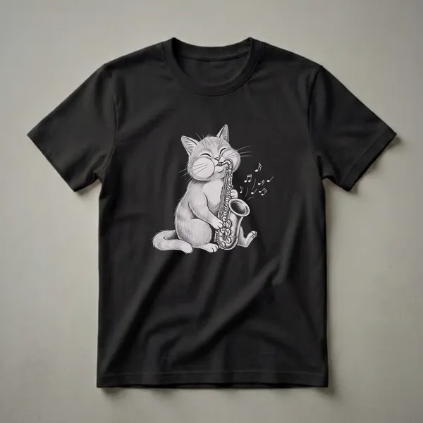 Black t-shirt with a sketch-style drawing of a grey cat playing a saxophone, with musical notes floating around it.