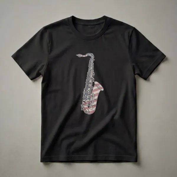 A graphic t-shirt featuring a stylized drawing of a saxophone with the American flag pattern, including red and white stripes and a blue section with white stars.