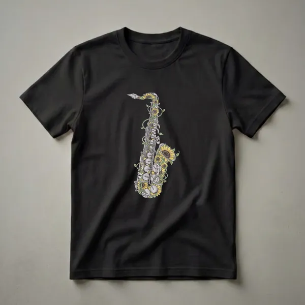 A graphic t-shirt design featuring a silver saxophone intricately decorated with yellow sunflowers and green vines, set against a black background.