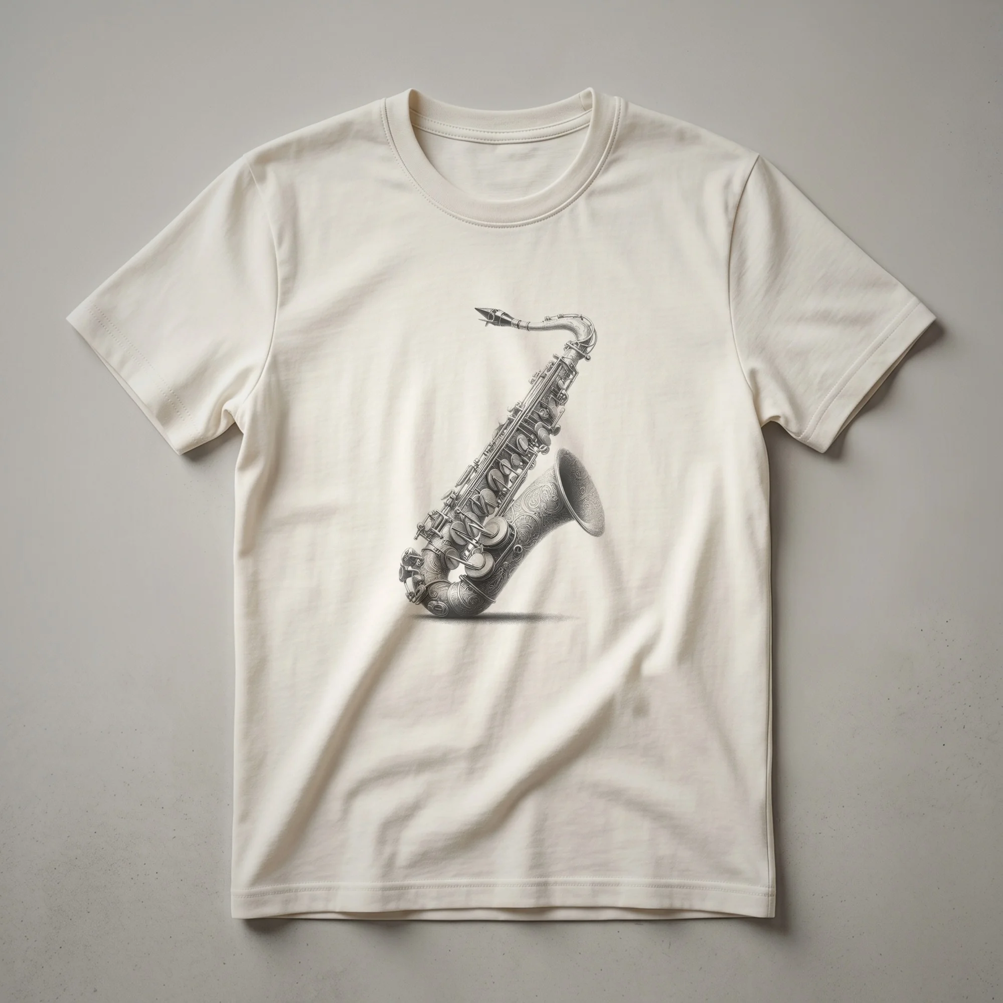 Black and white sketch of a saxophone on a dark background, showcasing its curves and keys.