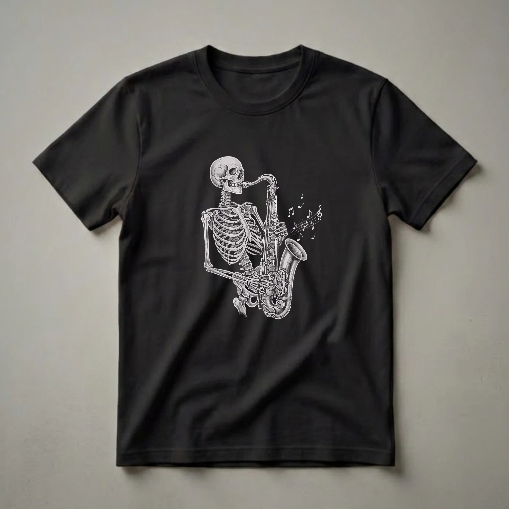 Black t-shirt with a vintage-style monochrome drawing of a skeleton playing a saxophone, with musical notes depicted in white.