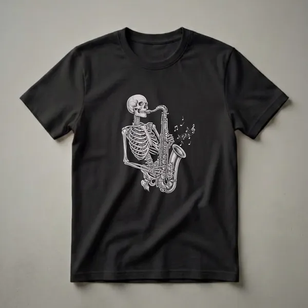 Black t-shirt with a vintage-style monochrome drawing of a skeleton playing a saxophone, with musical notes depicted in white.