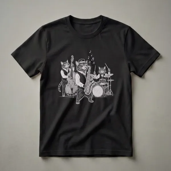 Black t-shirt with a white sketch-style illustration of three anthropomorphic cats playing jazz instruments: a saxophone player, a drummer, and a double bass player.