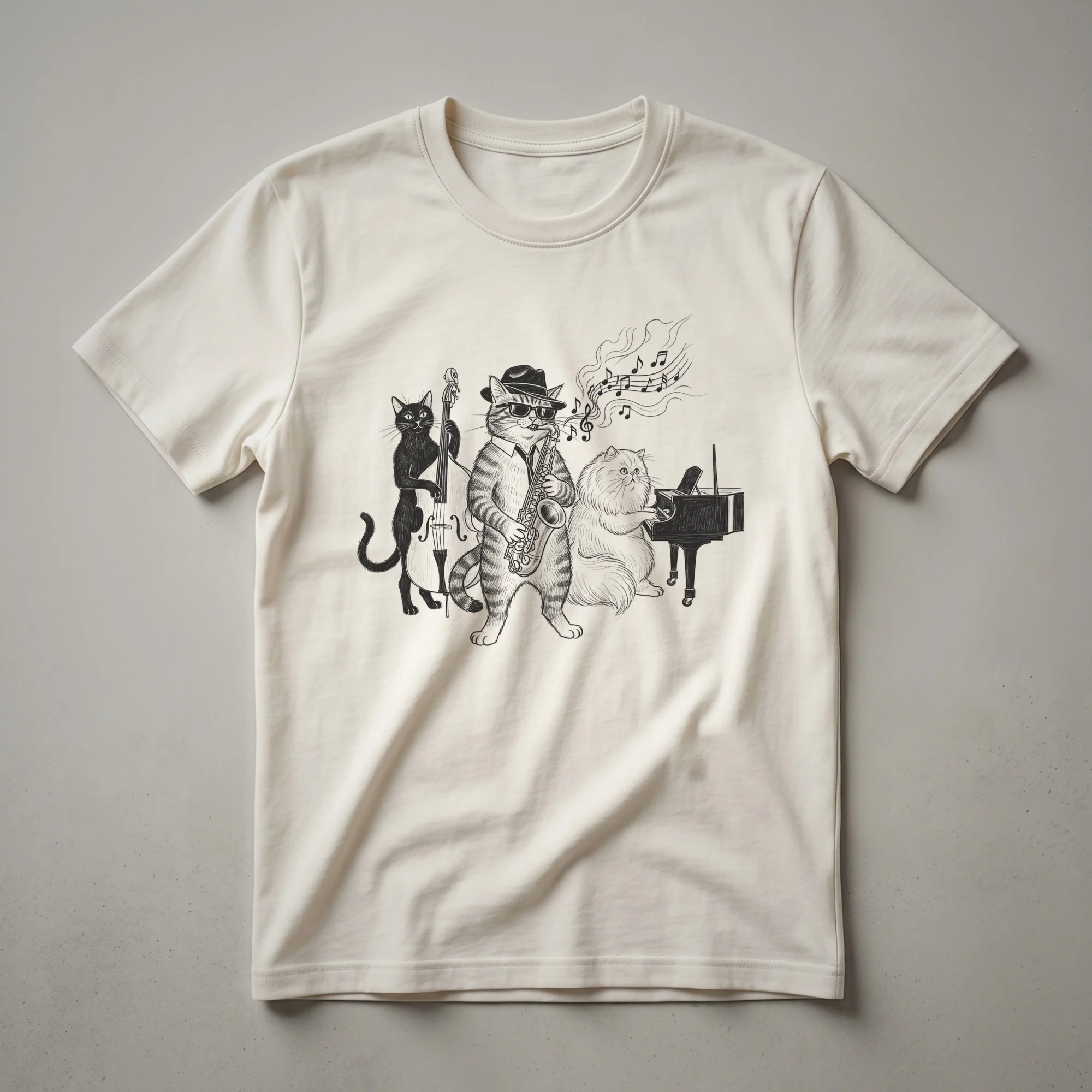 Line art graphic t-shirt featuring a jazz band of cats playing a saxophone, piano, and double bass, with musical notes flowing.