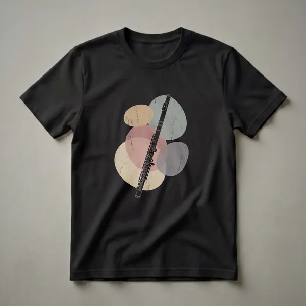 Black silhouette of a flute with detailed keys, overlaid on abstract, textured oval shapes in beige, pink, and grey, on a black t-shirt.