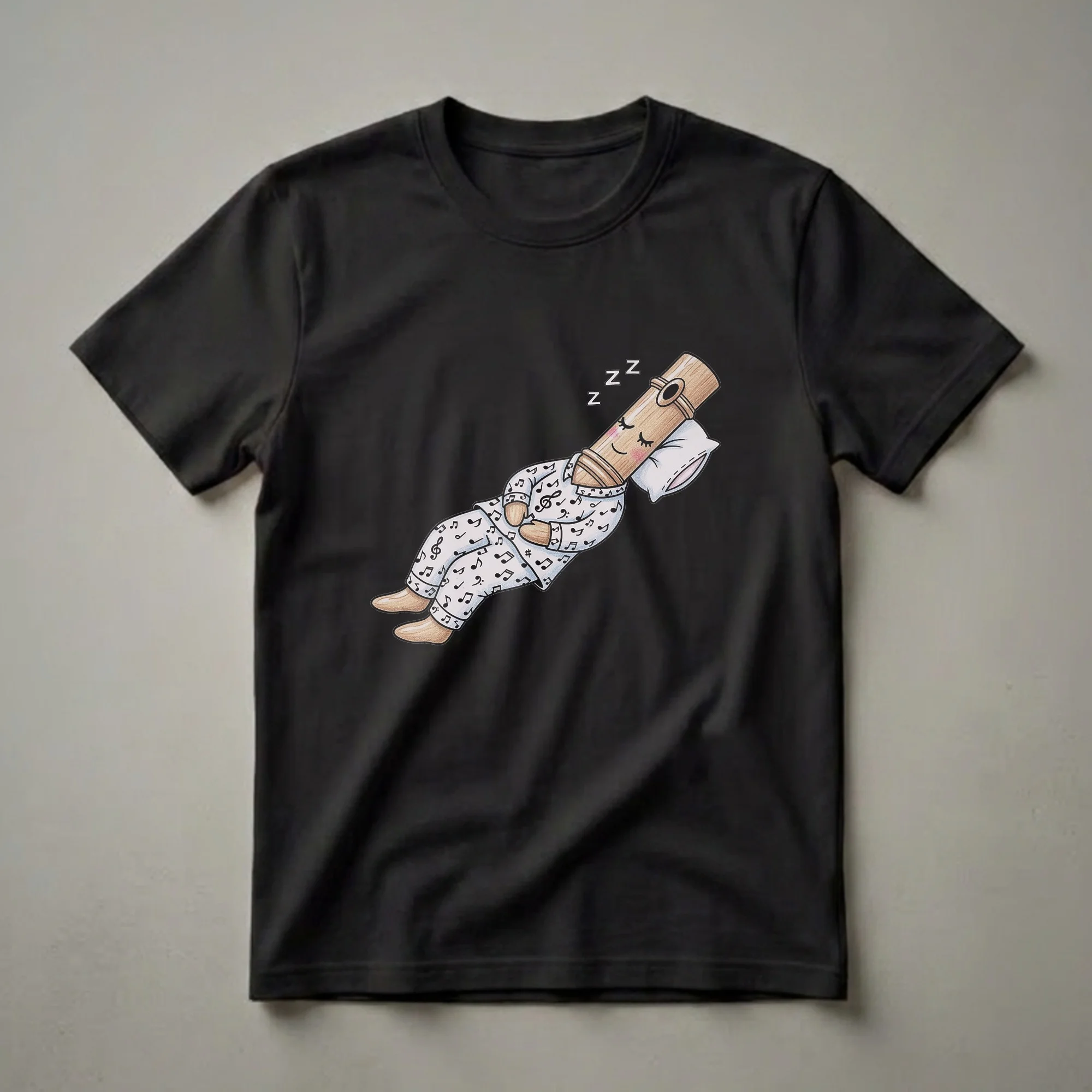 White t-shirt featuring a cartoon flute character wearing pajamas with musical notes, sleeping on a pillow with 'Zzz' symbols.