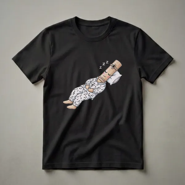 White t-shirt featuring a cartoon flute character wearing pajamas with musical notes, sleeping on a pillow with 'Zzz' symbols.