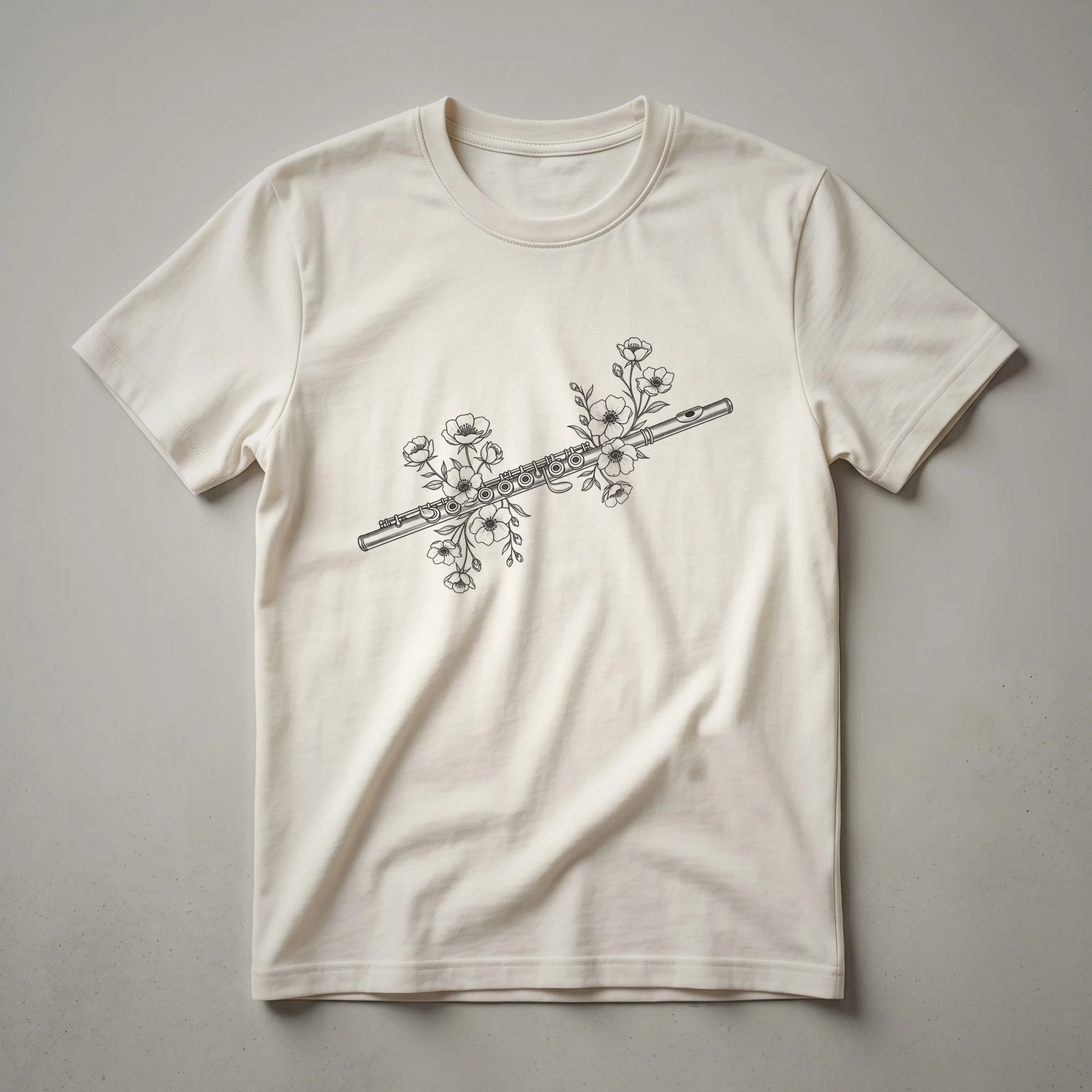 Line art sketch of a silver flute intertwined with blooming flowers and leaves, presented on a black t-shirt.