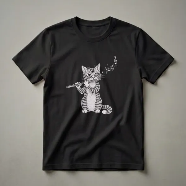 Black t-shirt with a detailed line drawing of a tabby cat playing a flute, with musical notes flowing from the instrument.