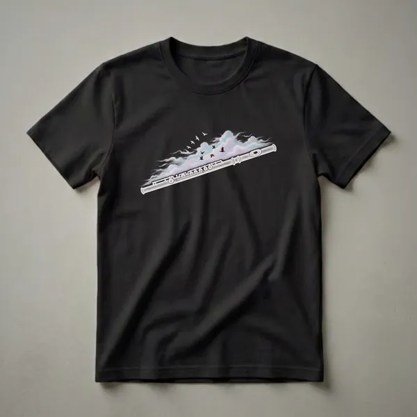 Black t-shirt featuring a white flute illustration with pastel clouds and flying birds, designed for flutists and musicians.