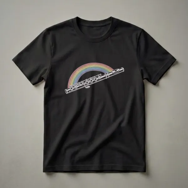 Black t-shirt with a white line drawing of a flute positioned over a pastel rainbow arc.