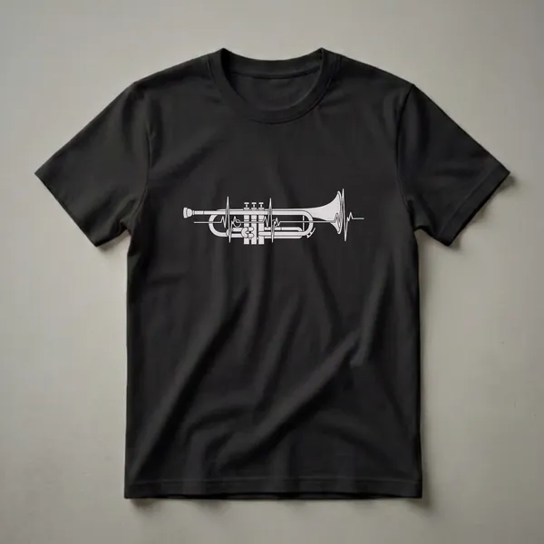 Black t-shirt with a white line drawing of a trumpet integrated with a heartbeat EKG line, symbolizing a musician's passion.