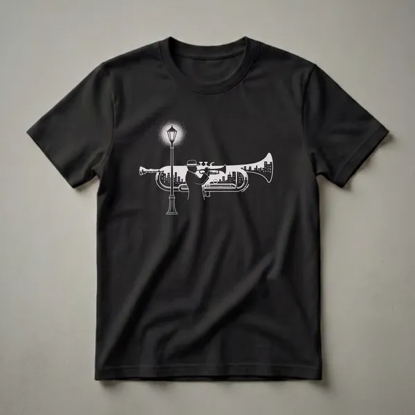 Black t-shirt with a white graphic design of a man playing a trumpet, with a cityscape integrated into the trumpet and a vintage lamppost in the foreground.