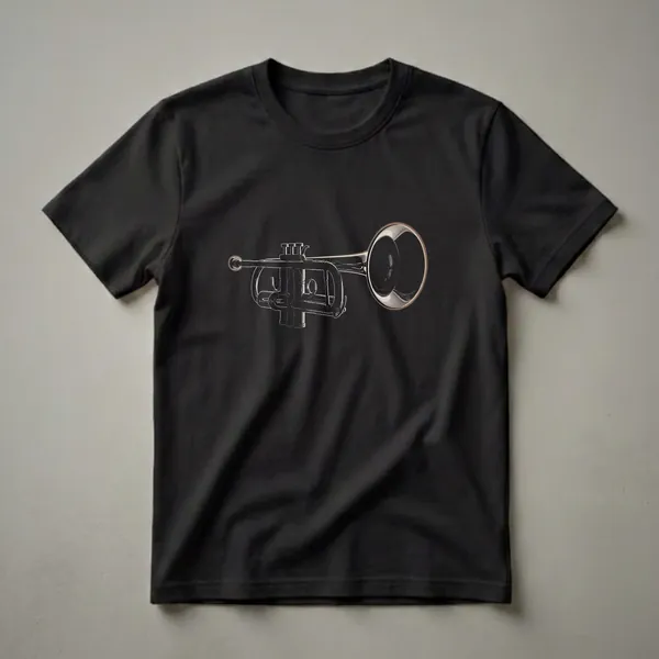 Black t-shirt with a vintage trumpet illustration in outline and subtle shading, set against a black background.