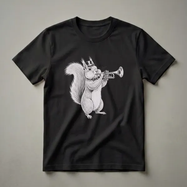 Black t-shirt featuring a detailed pencil-style drawing of a squirrel wearing a top hat and bowtie, playing a trumpet.