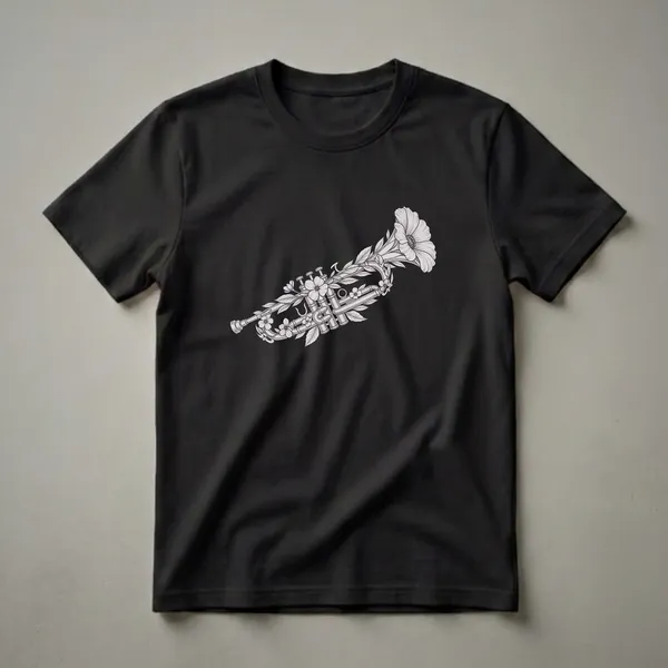A black and white graphic t-shirt featuring a detailed drawing of a trumpet decorated with blooming flowers and leaves.