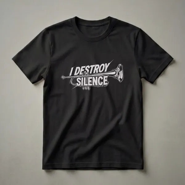Black t-shirt with a white and grey graphic of a trumpet and the text 'I DESTROY SILENCE'.