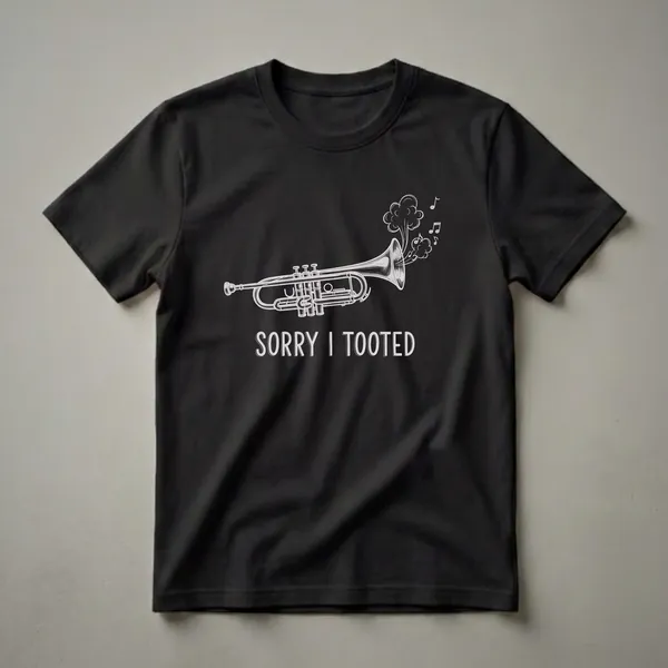 Black t-shirt with a white line drawing of a trumpet emitting smoke and musical notes, with the text 'SORRY I TOOTED' below.