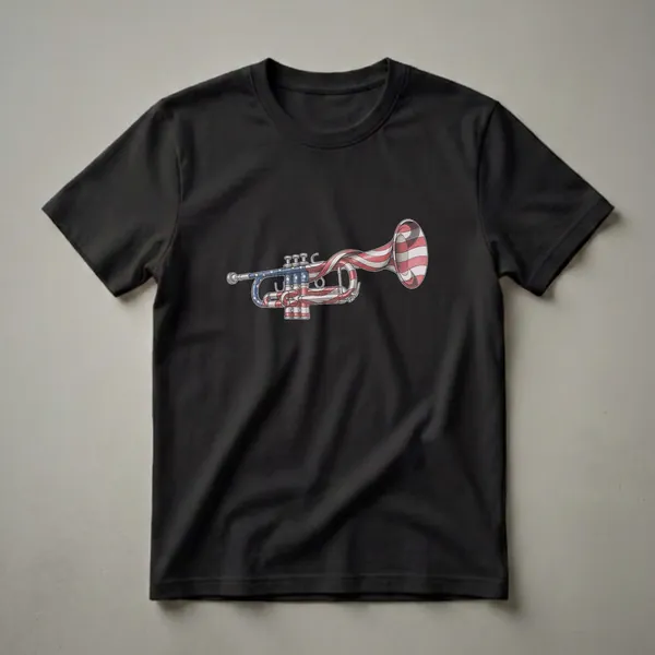 Black t-shirt featuring a pencil sketch drawing of a trumpet with an American flag design wrapped around its body and bell, showing stars and stripes.