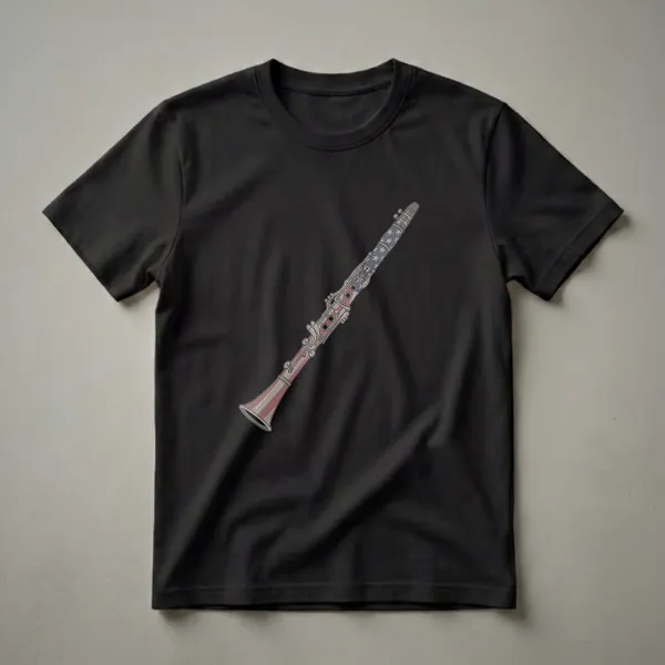 A graphic t-shirt featuring a clarinet designed with an American flag pattern, including stars and stripes.