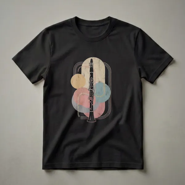 Black silhouette of a clarinet with retro abstract art background in muted colors, printed on a black t-shirt.