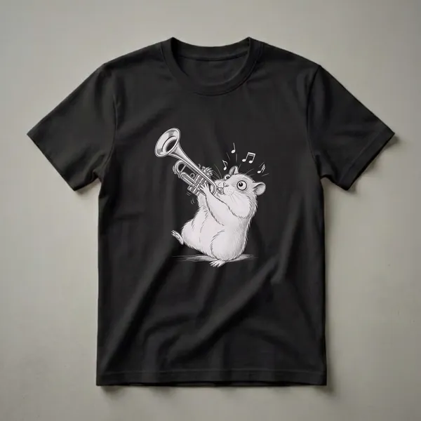 Black t-shirt featuring a sketch of a light-colored hamster playing a silver trumpet with musical notes floating around its head.