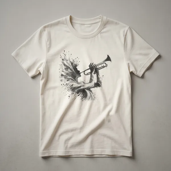 Dark grey artistic sketch of a person playing a trumpet with abstract flowing lines and splatters on a black t-shirt.