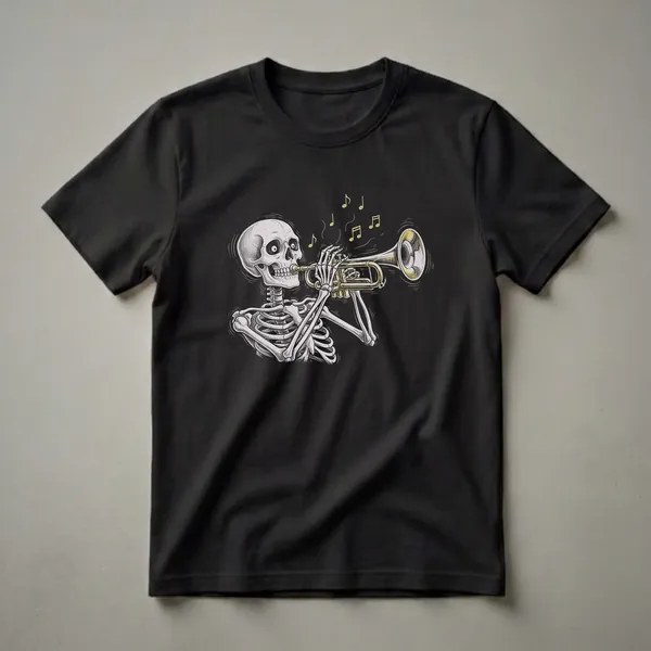 Black t-shirt with a sketch-style illustration of a skeleton playing a golden trumpet, with yellow musical notes floating around.