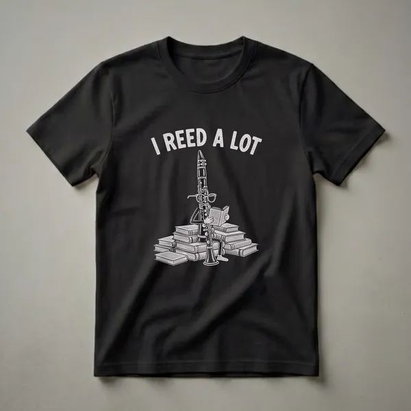 Black t-shirt with a white graphic of a cartoon clarinet wearing glasses, sitting on a pile of books and reading a book, with the text 'I REED A LOT' above.