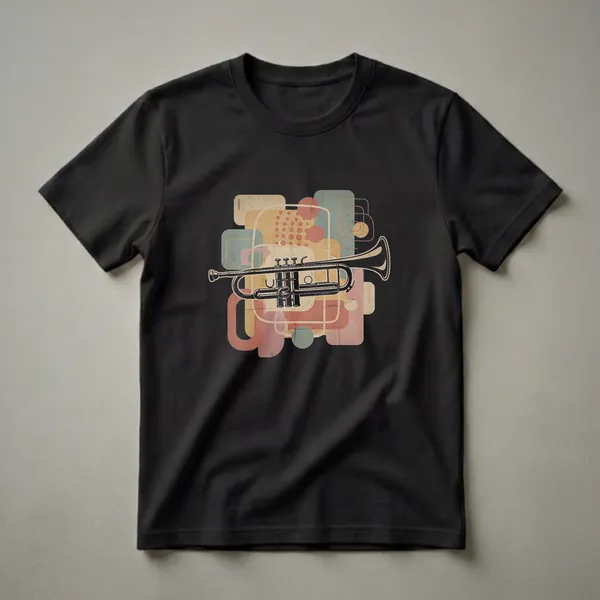 Black graphic t-shirt featuring a retro trumpet design with abstract shapes in muted colors like beige, teal, and coral.