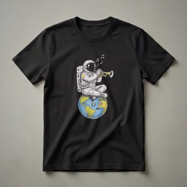 White astronaut suit with yellow accents playing a golden trumpet, seated on a blue and yellow cartoon Earth with a surprised expression, black background.