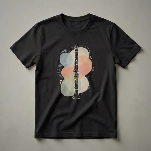 Black graphic art t-shirt featuring a detailed silhouette of a clarinet with abstract, textured shapes and swirling lines in muted colors.