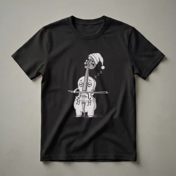 Black t-shirt with a grayscale drawing of a cello wearing a polka-dot pajama hat and fuzzy bottoms, holding a bow, with 'Zzz' symbols indicating sleep.