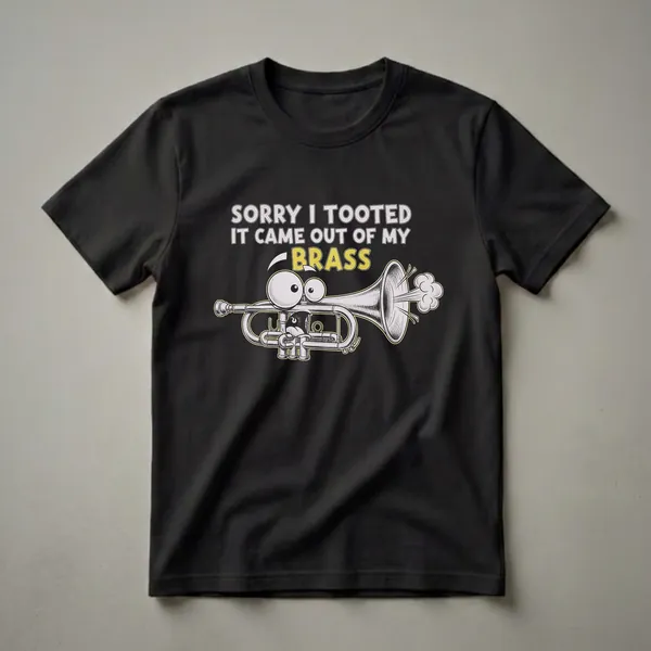 Black t-shirt featuring a cartoon trumpet with a funny expression and the text 'SORRY I TOOTED IT CAME OUT OF MY BRASS' in white and yellow.
